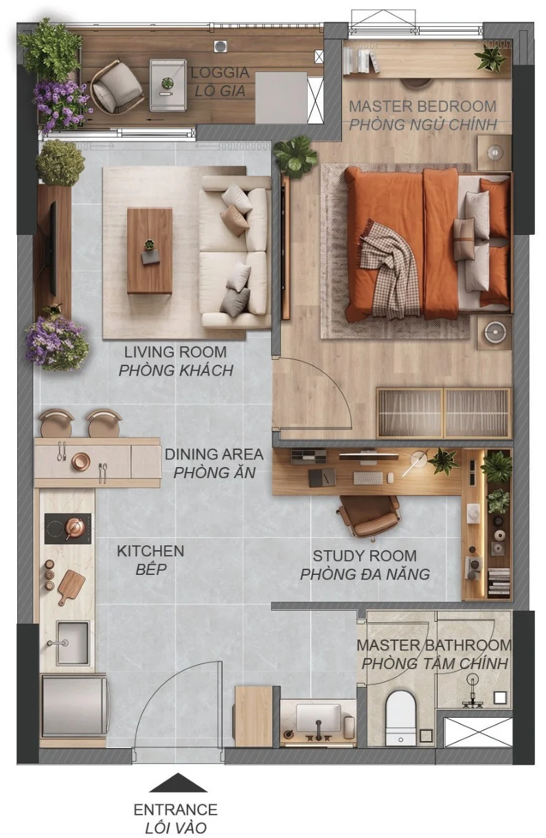 Norton Park 17 Mặt bằng căn hộ 1 phòng ngủ cộng Norton Park – mã A1.1a