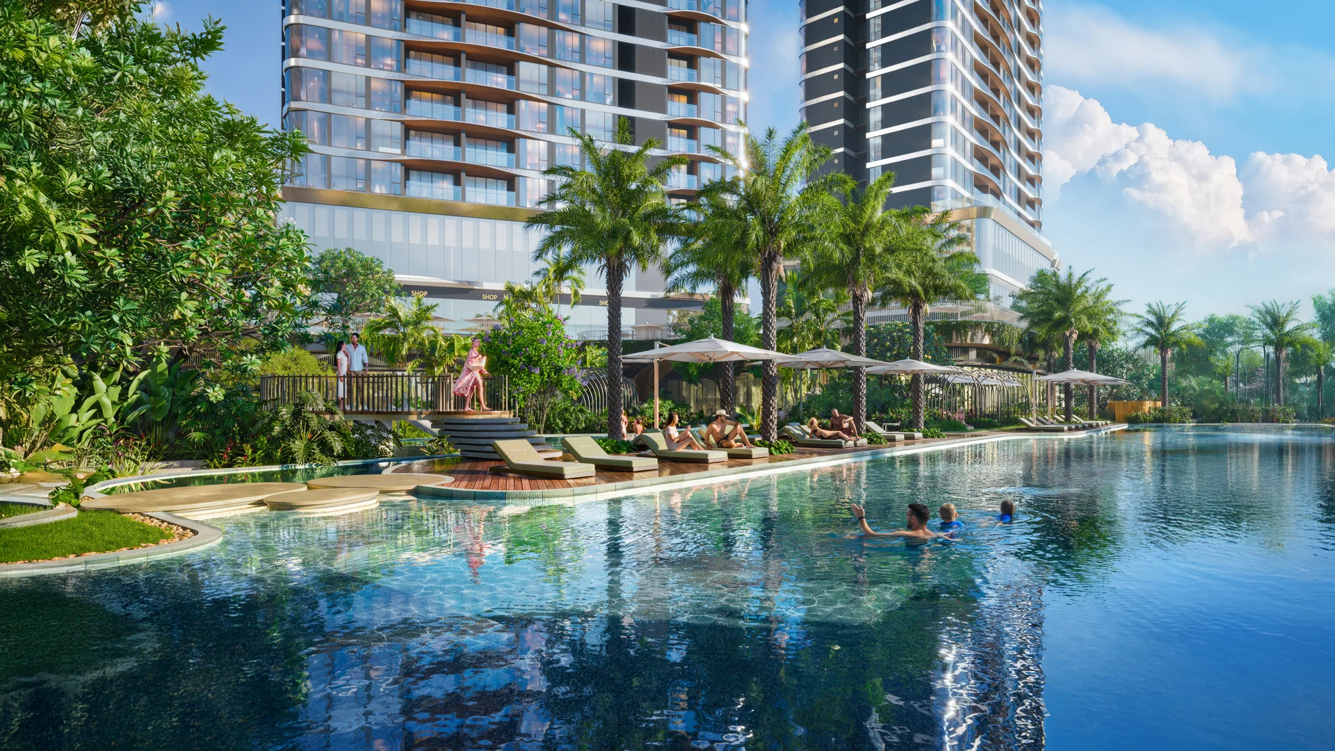 Phối cảnh hồ bơi và cảnh quan Palm River